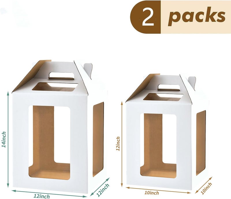 WINHPH صندوق كعكة طويل مع نوافذ، 10x10x12 و 12x12x14 بوصة، صناديق كعكة كبيرة متعددة الطبقات، مجموعة حاملة كعكة لحفظ كعكات 10 و 12 بوصة، بيضاء، عبوة 2 - Image 2